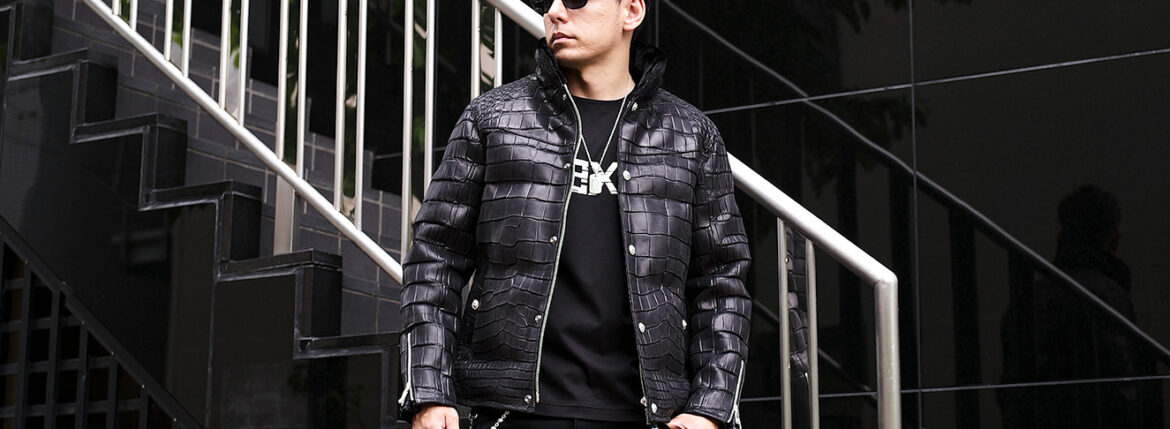 ISAMU KATAYAMA BACKLASH The Line (イサムカタヤマ バックラッシュ ザ・ライン) NUBUCK CROCODILE DOWN JACKET T-270 (ヌバック クロコダイル ダウンジャケット) 925 STERLING SILVER (925 スターリングシルバー) カヴァメント ヌバック クロコダイルレザー ダウン ジャケット BLACK (ブラック) MADE IN JAPAN (日本製) 2025 愛知 名古屋 Alto e Diritto altoediritto　アルトエデリット