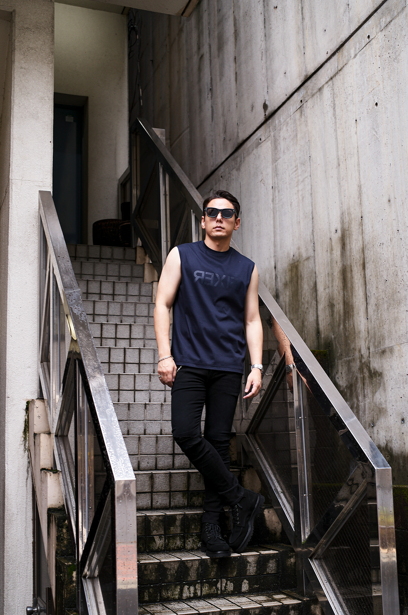 FIXER (フィクサー) FNS-01 Reverse Print Sleeveless T-shirt リバースプリント スリーブレス Tシャツ ALL NAVY (オールネイビー)【ご予約開始】【2025.9.15(Mon)～2025.9.29(Mon)】 フィクサー ノースリーブ タンクトップ リバースプリント オールネイビー 愛知 名古屋 Alto e Diritto altoediritto アルトエデリット