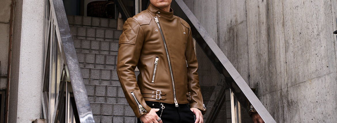 UNFADING (アンフェイディング) FALCON (ファルコン) SEMI DOUBLE RIDERS Cow Leather カウレザー セミダブル ライダース ジャケット LATTE (ラテ) Made in Japan (日本製) 【ご予約受付中】【2025.9.20(Sat)～2025.10.19(Sun)】のイメージ