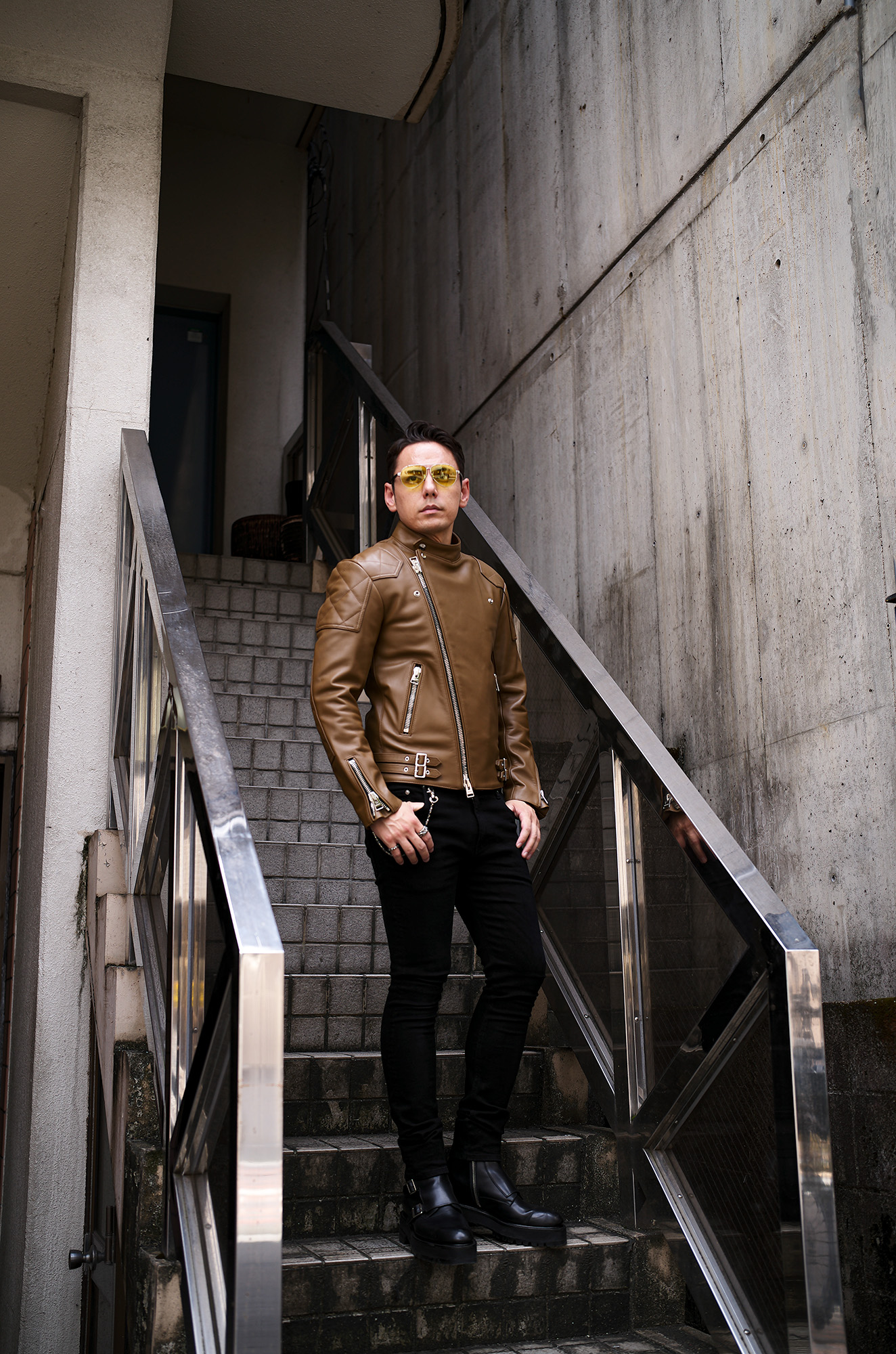 UNFADING (アンフェイディング) FALCON (ファルコン) SEMI DOUBLE RIDERS Cow Leather カウレザー セミダブル ライダース ジャケット LATTE (ラテ) Made in Japan (日本製)  愛知 名古屋 Alto e Diritto altoediritto アルトエデリット 魔裟斗 masato  魔裟斗チャンネル YOUTUBE 革ジャン レザージャケット 　ライダースジャケット