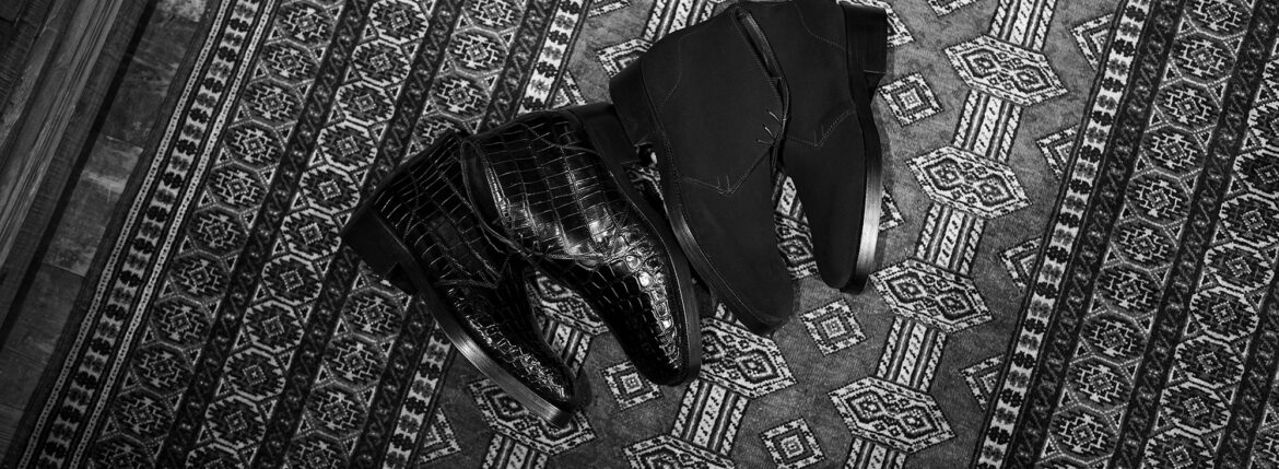 ENZO BONAFE ART.3369 Chukka boots // Heel Sole Custom エンツォボナフェ チャッカブーツ クロコダイル スーパーバック スエード ブラック 愛知 名古屋 Alto e Diritto altoediritto アルトエデリット