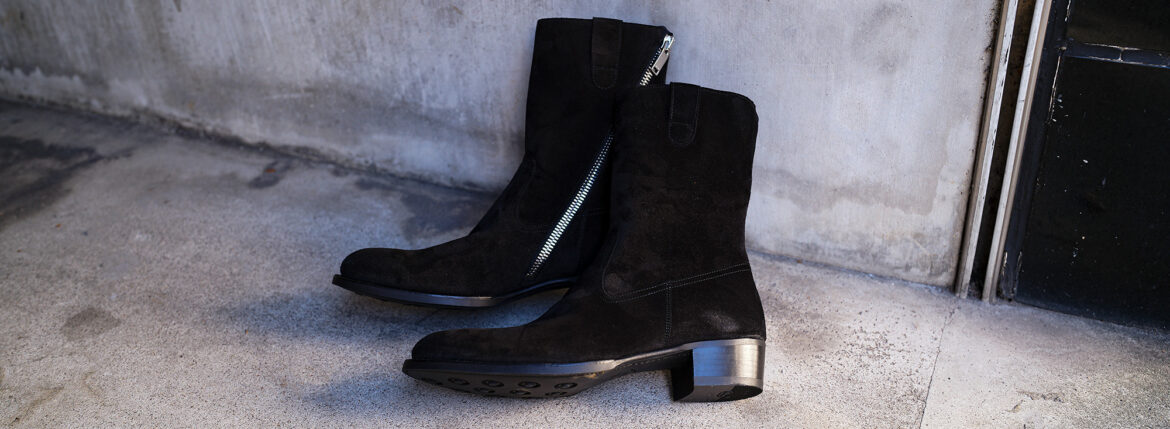 WH × FIXER (ダブルエイチ × フィクサー) WHFX-0010 PECOS BOOTS (ペコスブーツ) CHARLES F. STEAD JANUS CALF (チャールズエフステッド ヤヌスカーフ) スエード サイドジップ ペコスブーツ JET BLACK (ジェット ブラック) MADE IN JAPAN (日本製) 【ご予約開始】のイメージ
